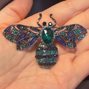 Bee Brooch Blue Green Rhinestone Insect Pin 3” Wingspan